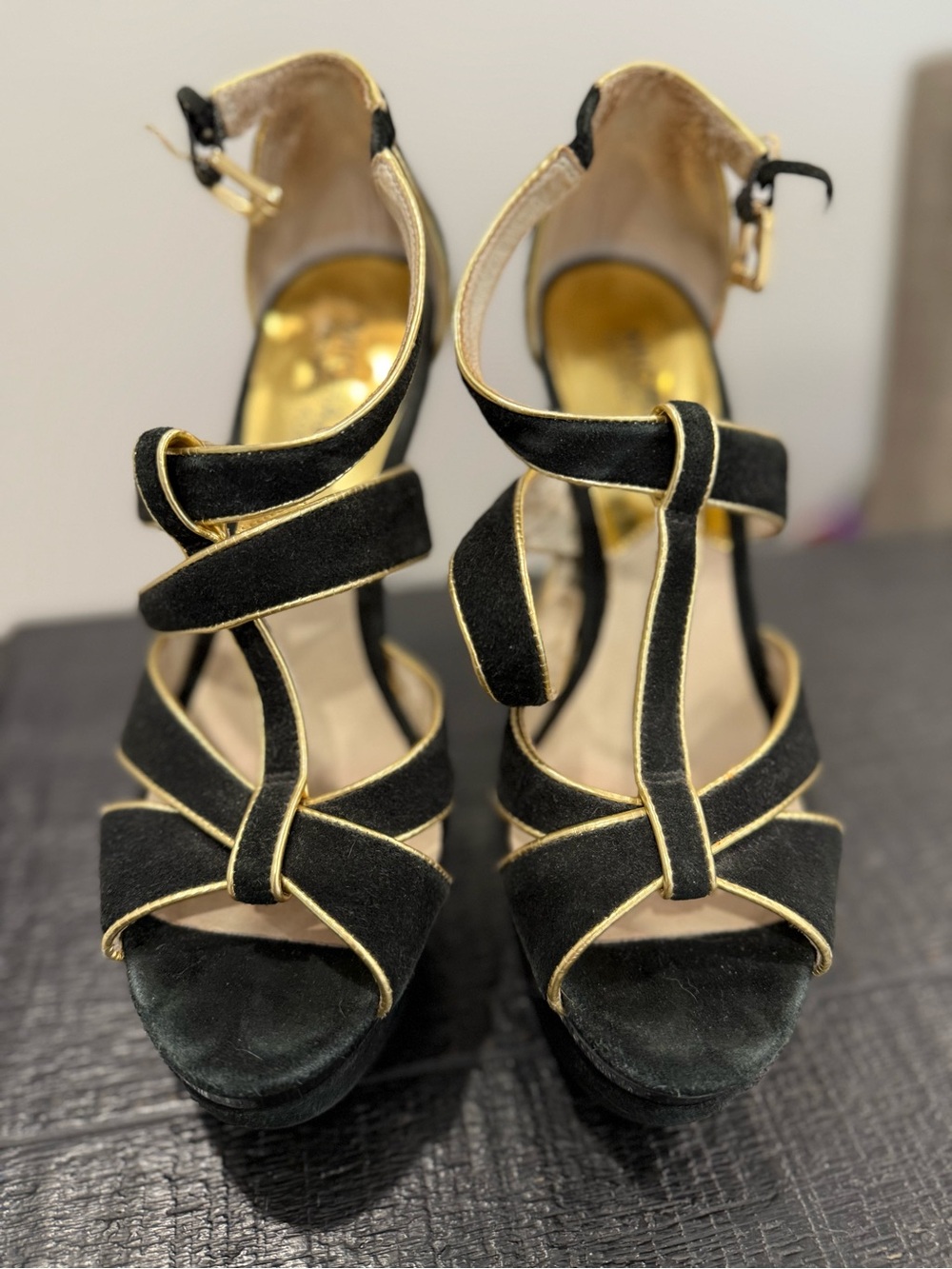 Michael Kors Black and Gold Strappy Platform Heels